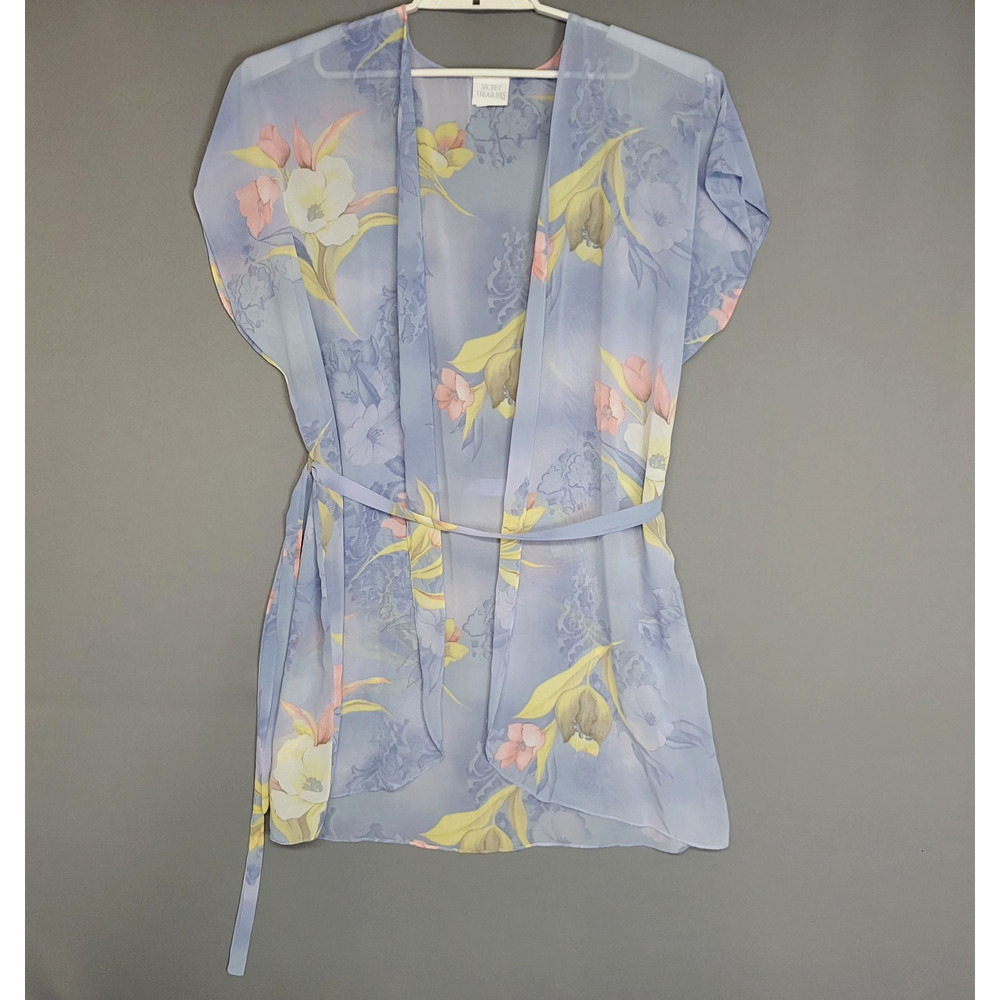 Vintage Secret Treasure Lingerie Robe Womens L Blue Floral Belted Sheer 90s Y2K - Picture 2 of 12
